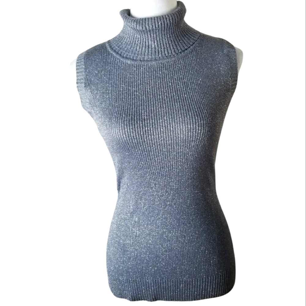Raisey Metallic Inlay Pewter Sleeveless Turtleneck